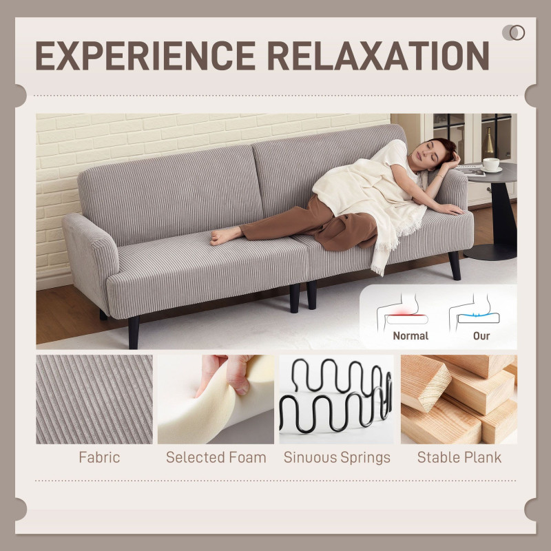 Modern Couch, 3 Seater Sofa, Corduroy Loveseat with Rubberwood Legs and Extra-Wide Seat, Light Grey