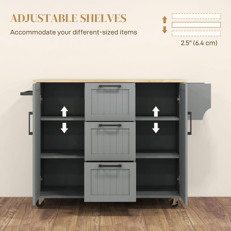 Rolling Kitchen Cart on Wheels with Drop Leaf, Kitchen Island with 3 Drawers, Solid Wood Top and Towel Rack, Grey
