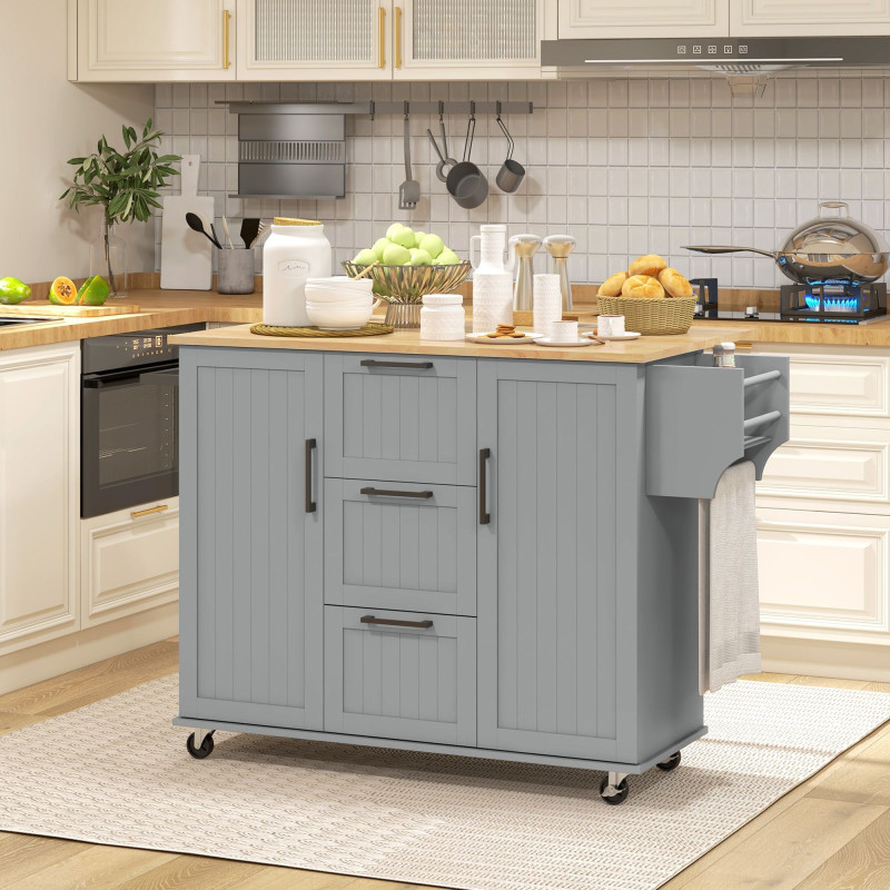 Rolling Kitchen Cart on Wheels with Drop Leaf, Kitchen Island with 3 Drawers, Solid Wood Top and Towel Rack, Grey