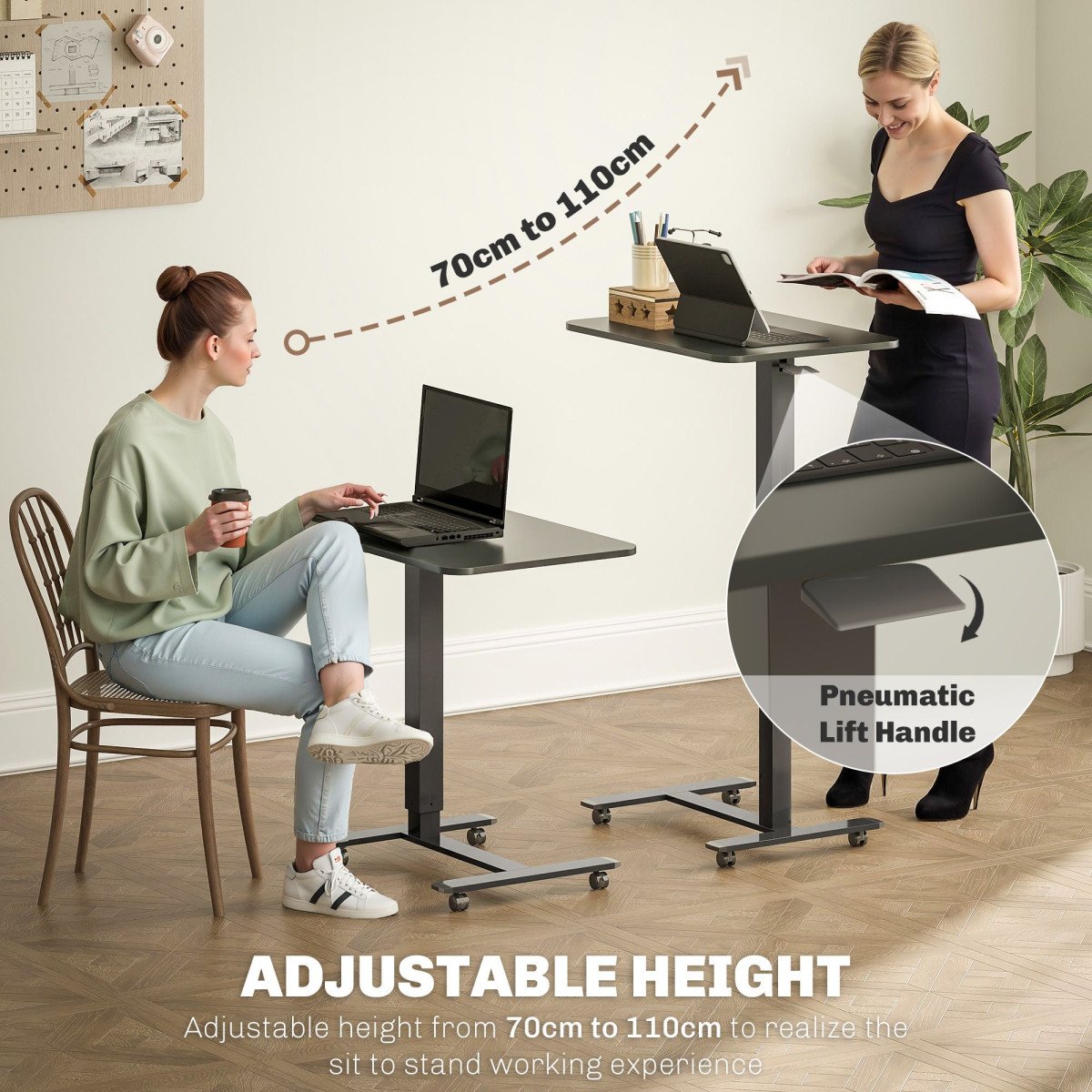 Pneumatic Standing Desk Adjustable Height, Mobile Stand Up Desk with Wheels, 43 Inch Portable Rolling Table, Black
