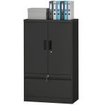 Lateral Filing Cabinet, Metal Storage Cabinet, Garage Cabinet with Double Locks, Adjustable Shelf and File Drawer, Black
