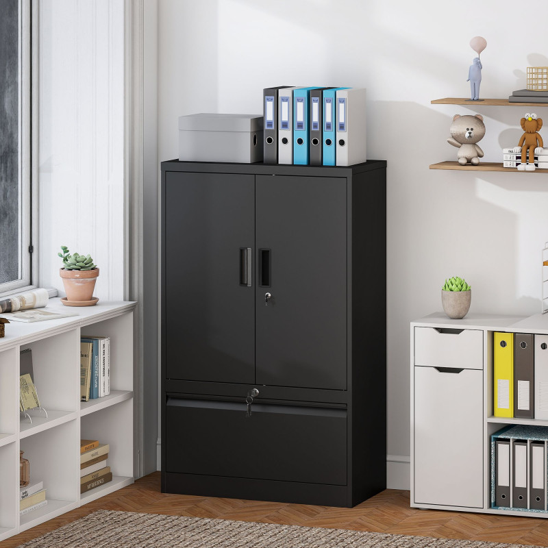 Lateral Filing Cabinet, Metal Storage Cabinet, Garage Cabinet with Double Locks, Adjustable Shelf and File Drawer, Black