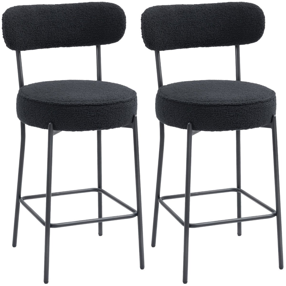 Set of 2 Barstools, Upholstered Bar Stools with Backrest, Footrest for Kitchen Island, Dining Room, Black