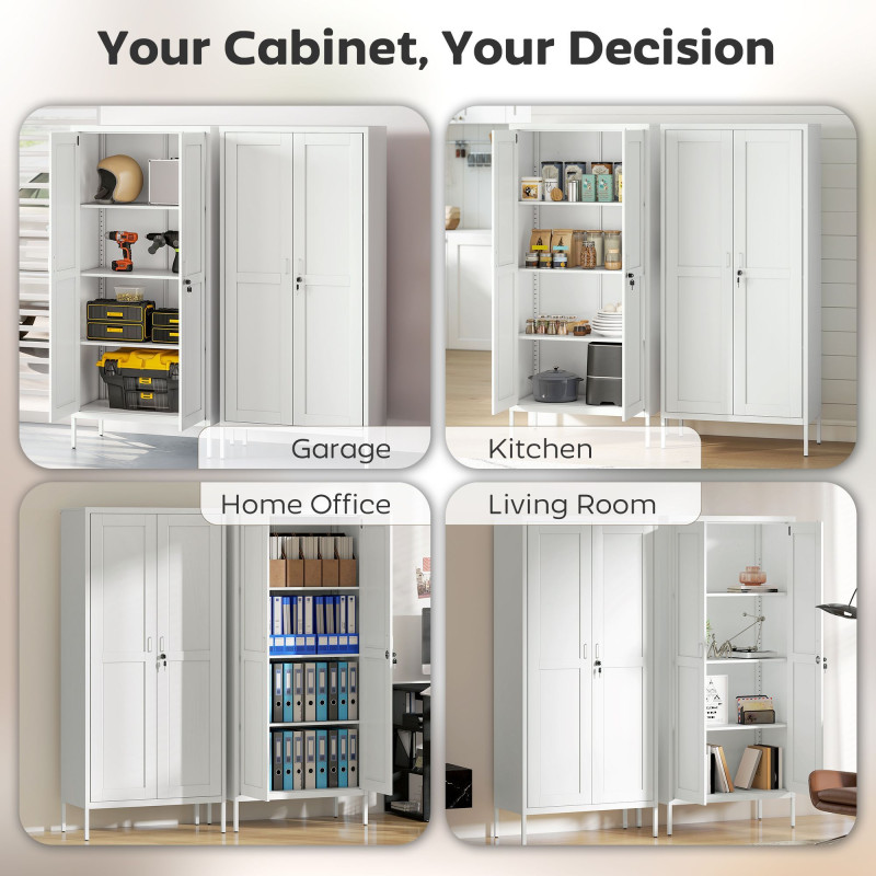 Office Storage Cabinet, Lockable Filing Cabinet with 3 Adjustable Shelves and 2 Doors for Home Office, Garage, White
