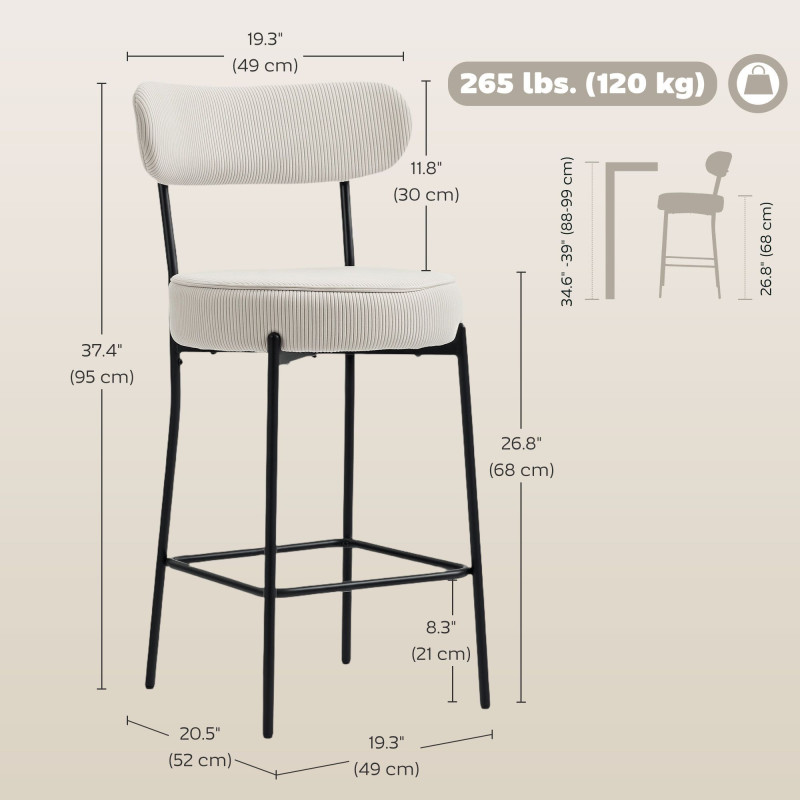Set of 2 Barstools, Upholstered Corduroy Bar Stools with Backrest, Footrest for Kitchen Island, Dining Room, Cream White