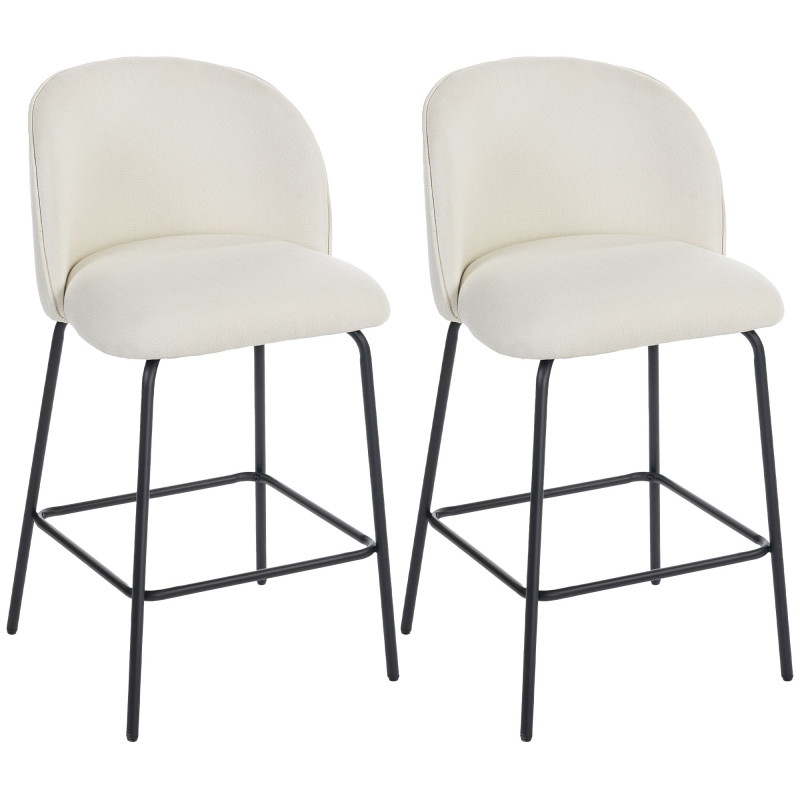 Set of 2 Counter Height Barstools, Upholstered Linen Bar Stools with Backrest, Footrest and Steel Legs, Cream White