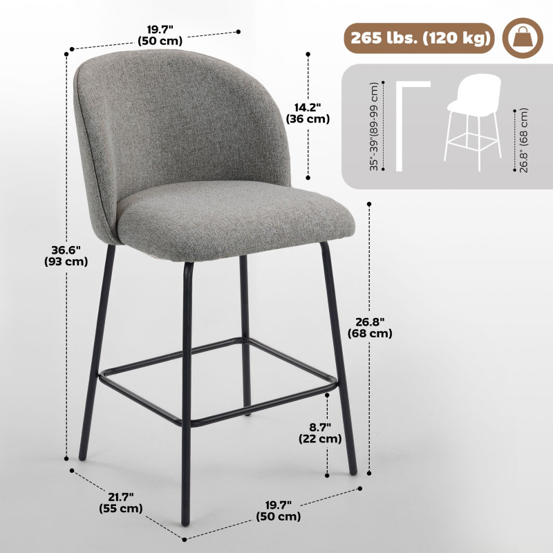 Set of 2 Counter Height Barstools, Upholstered Linen Bar Stools with Backrest, Footrest and Steel Legs, Dark Grey