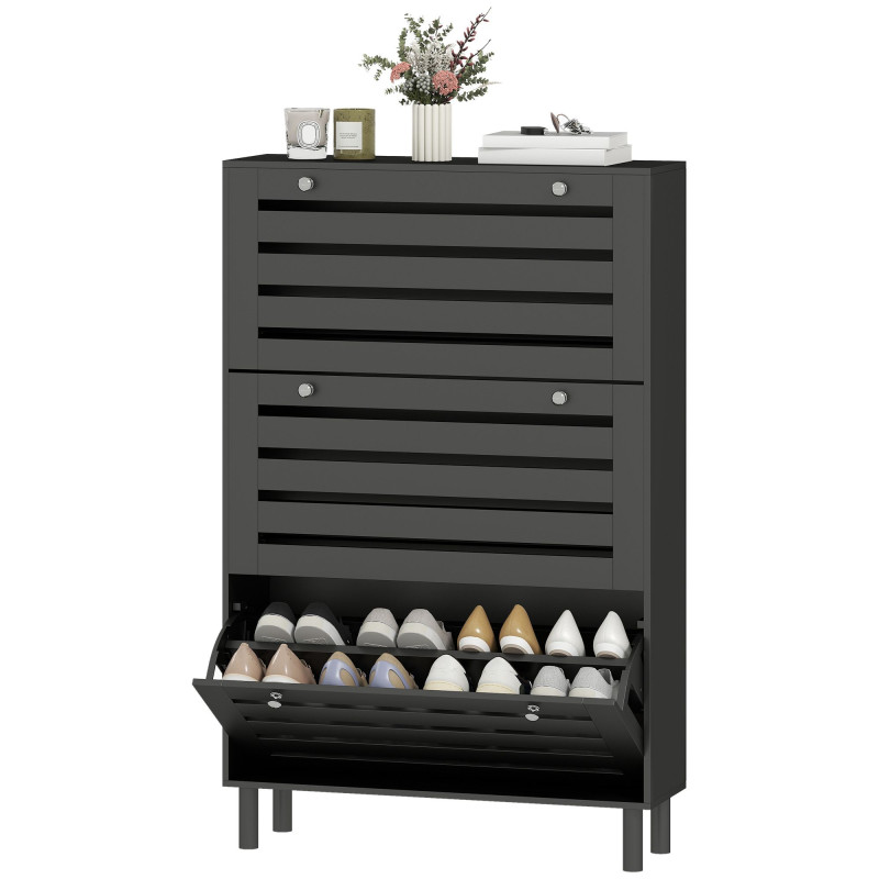 Narrow Shoe Storage Cabinet, 3 Flip Drawers, Adjustable Shelves, 24 Pairs Capacity, Black