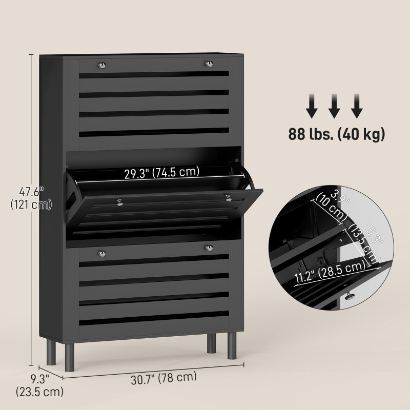Narrow Shoe Storage Cabinet, 3 Flip Drawers, Adjustable Shelves, 24 Pairs Capacity, Black