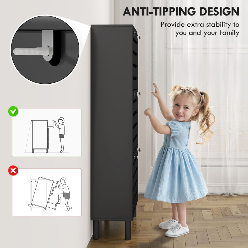 Narrow Shoe Storage Cabinet, 3 Flip Drawers, Adjustable Shelves, 24 Pairs Capacity, Black
