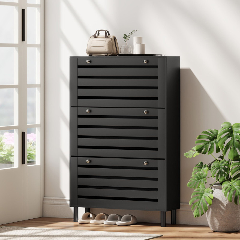 Narrow Shoe Storage Cabinet, 3 Flip Drawers, Adjustable Shelves, 24 Pairs Capacity, Black