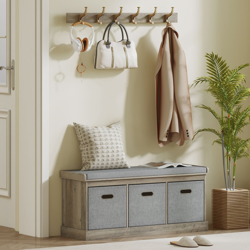 Shoe Storage Bench with Seat, Entryway Bench Seat with Cushion, 3 Fabric Drawers for Hallway, Washed Grey