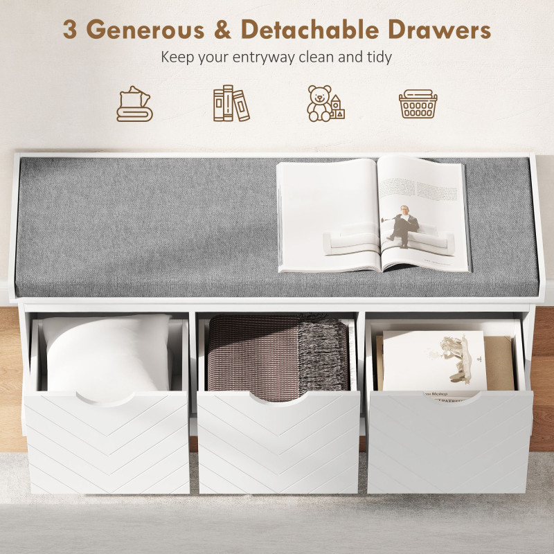 Shoe Storage Bench, Linen-Look Entryway Bench with 3 Removable Drawers and Padded Seat Cushion for Hallway, White