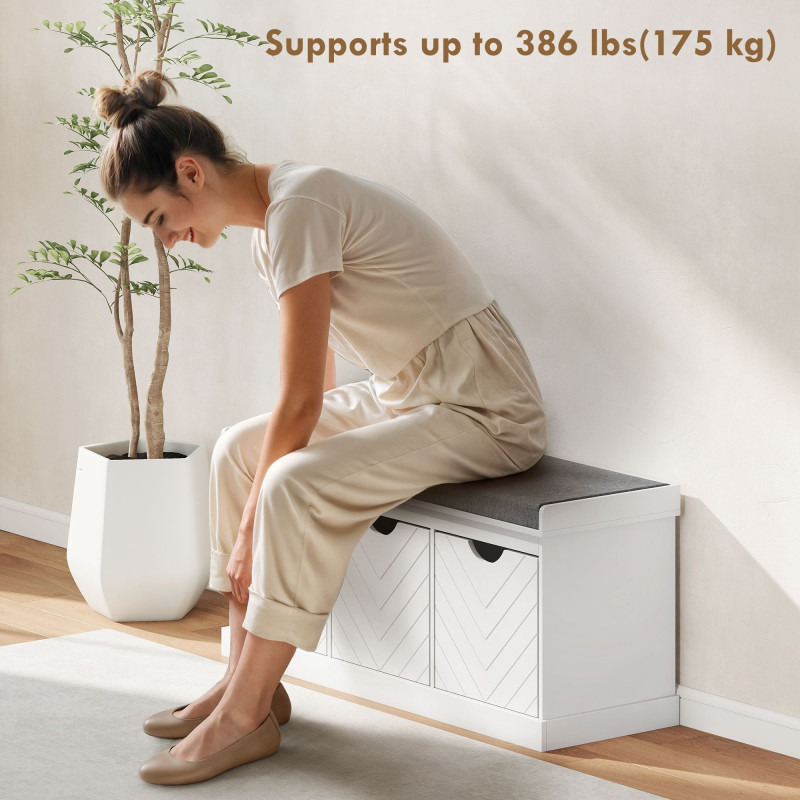 Shoe Storage Bench, Linen-Look Entryway Bench with 3 Removable Drawers and Padded Seat Cushion for Hallway, White