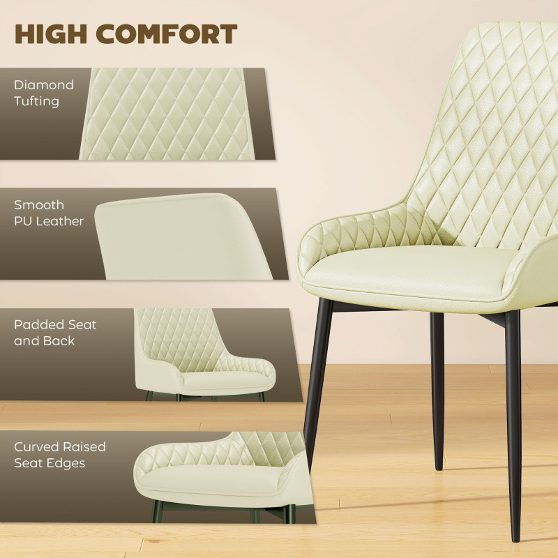 Set of 4 Upholstered Kitchen Chairs, Modern Dining Chairs with Diamond Tufting and Steel Legs for Dining Room, Cream White