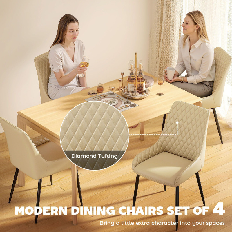 Upholstered Kitchen Chairs, Modern Dining Chairs Set of 4 with Diamond Tufting and Steel Legs for Dining Room, Khaki