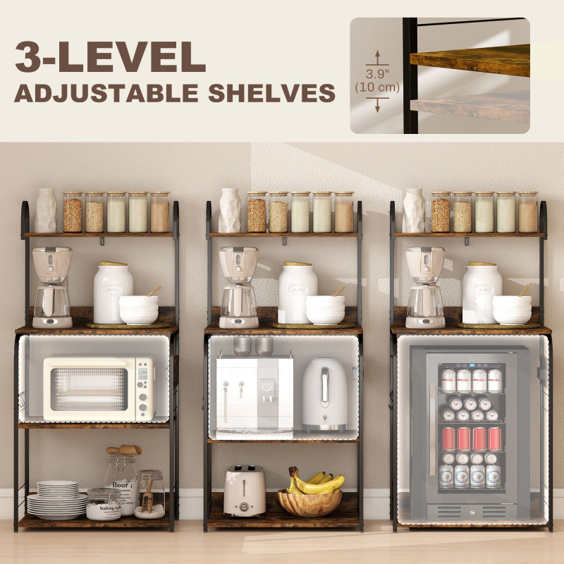 Baker's Rack with Charing Station, Microwave Shelf with Power Outlet, USB Charger and 4 Hooks, Rustic Brown
