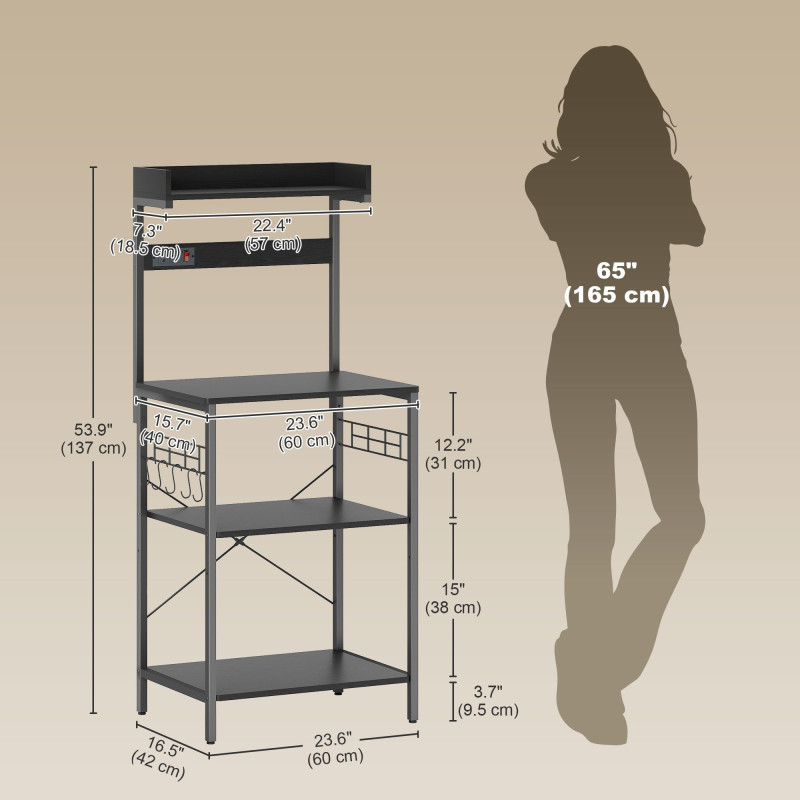 Kitchen Baker's Rack with Power Outlet, Coffee Bar Station with Adjustable Shelves and Hooks, Distressed Black