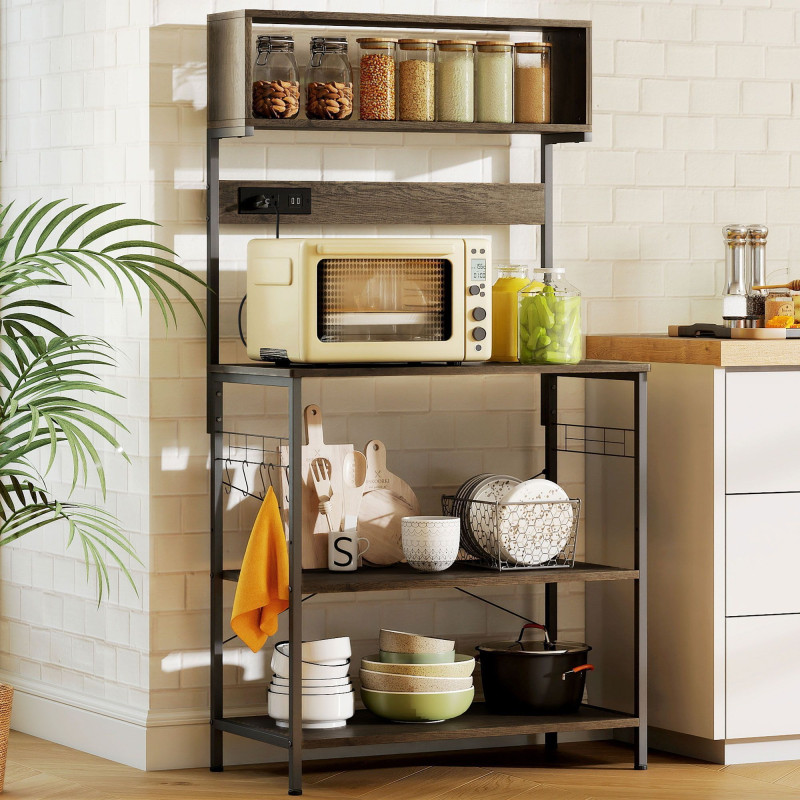 Baker's Rack with Charing Station, Microwave Shelf with Power Outlet, USB Charger and 5 Hooks, Distressed Grey
