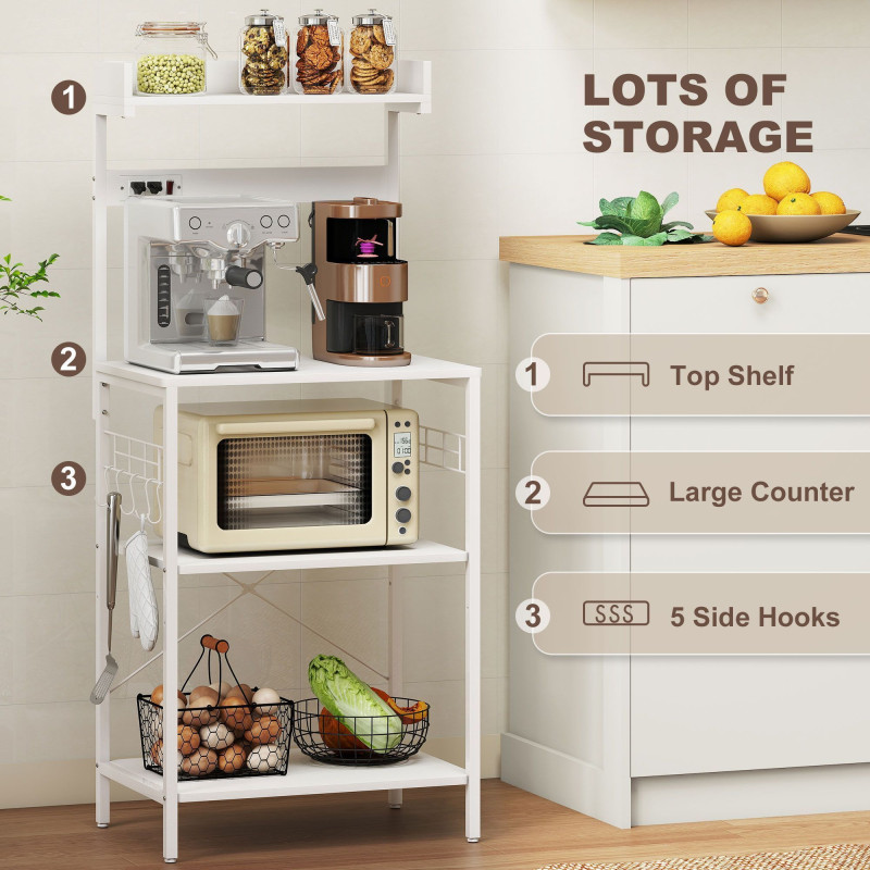 Kitchen Baker's Rack with Power Outlet, Coffee Bar Station with Adjustable Shelves and Hooks, Distressed White