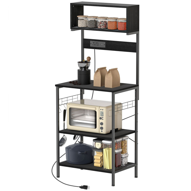 Baker's Rack with Charing Station, Microwave Shelf with Power Outlet, USB Charger and 5 Hooks, Black