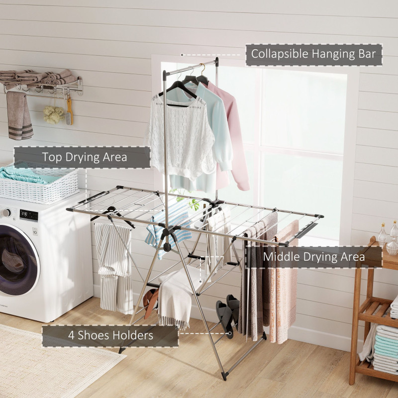 Clothes Drying Rack, Foldable Stainless Steel Laundry Drying Rack with Adjustable Gullwings and Shoe Holders, Silver