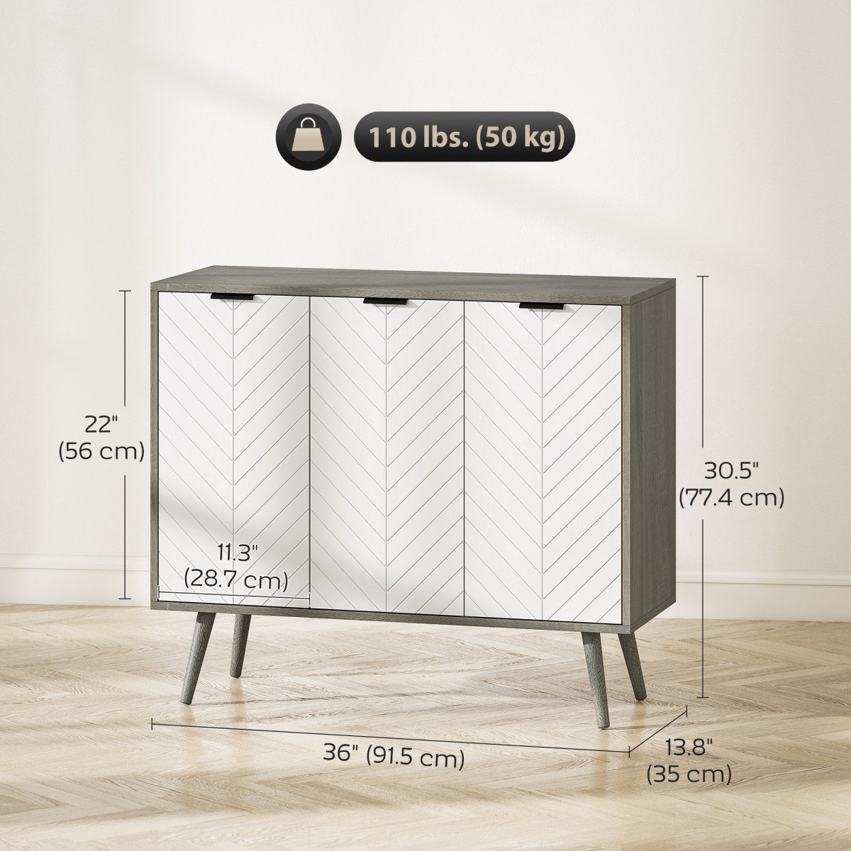 Modern Sideboard and Buffet, Dining Room Cabinet with Adjustable Shelves and 3 Doors, Grey