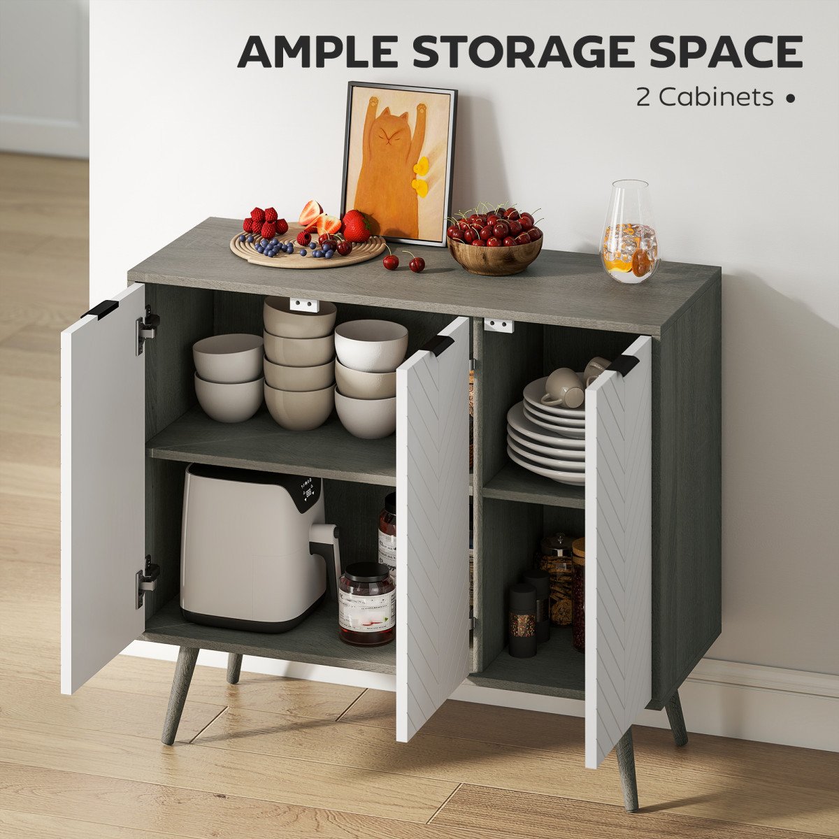 Modern Sideboard and Buffet, Dining Room Cabinet with Adjustable Shelves and 3 Doors, Grey