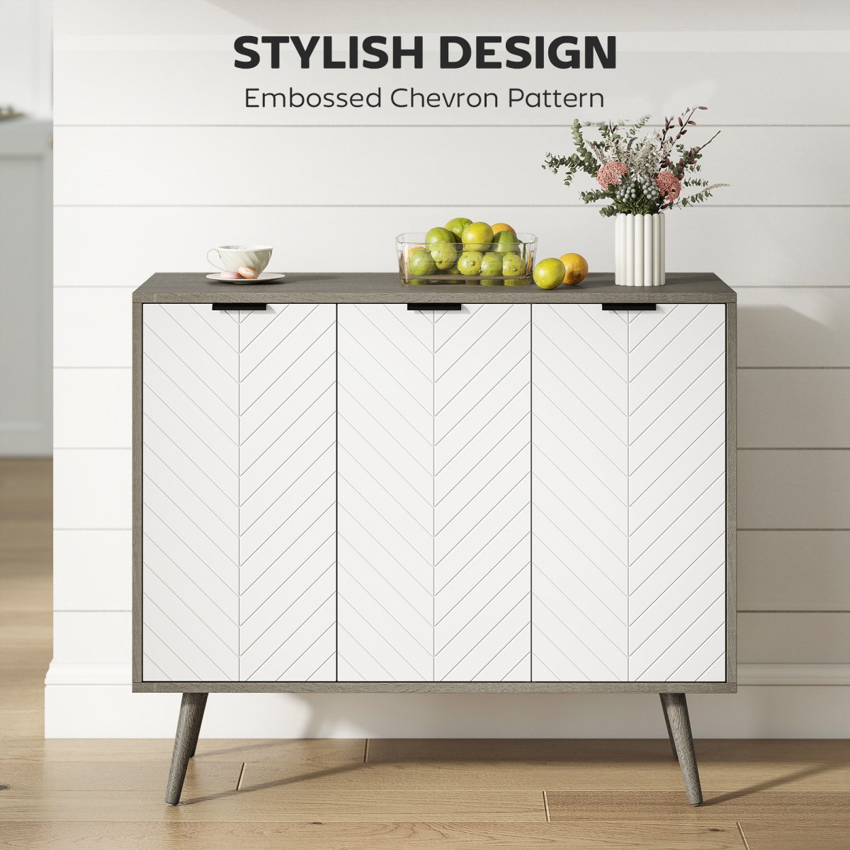 Modern Sideboard and Buffet, Dining Room Cabinet with Adjustable Shelves and 3 Doors, Grey