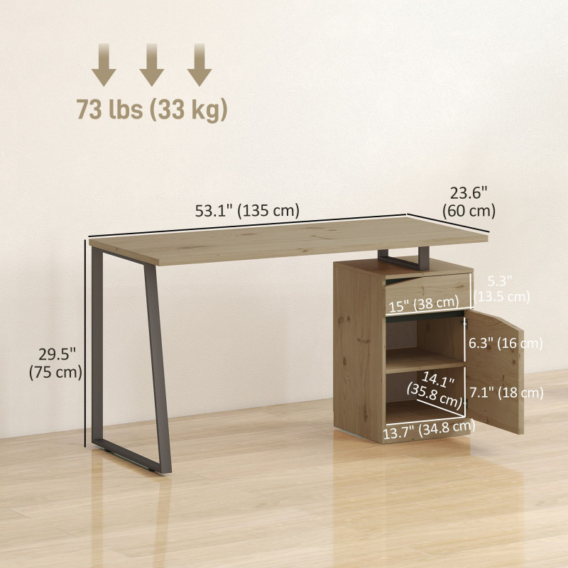 53 Inch Computer Desk, Writing Table with Cabinet, Drawer, Adjustable Shelf for Home Office Study, Natural Wood