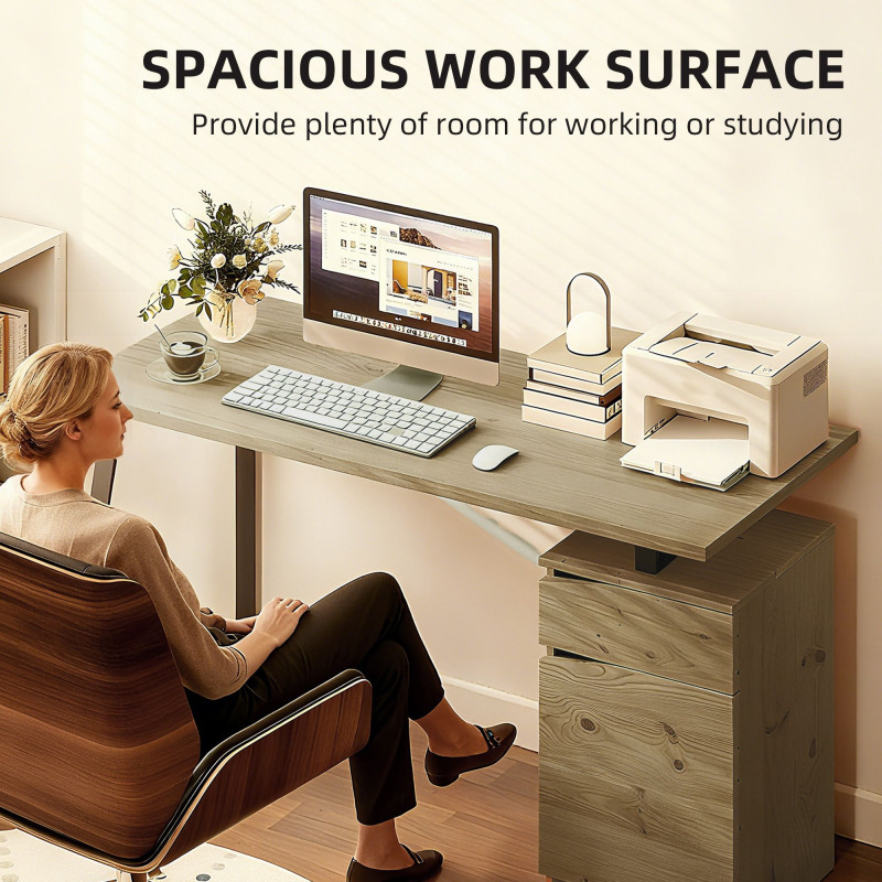 53 Inch Computer Desk, Writing Table with Cabinet, Drawer, Adjustable Shelf for Home Office Study, Natural Wood