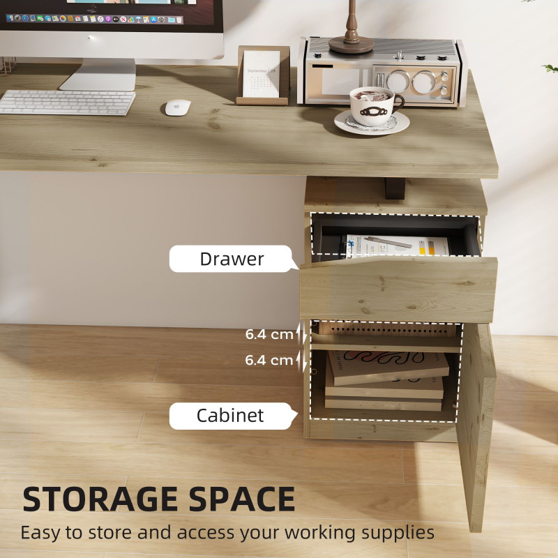 53 Inch Computer Desk, Writing Table with Cabinet, Drawer, Adjustable Shelf for Home Office Study, Natural Wood