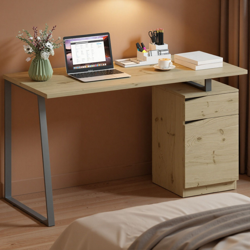53 Inch Computer Desk, Writing Table with Cabinet, Drawer, Adjustable Shelf for Home Office Study, Natural Wood