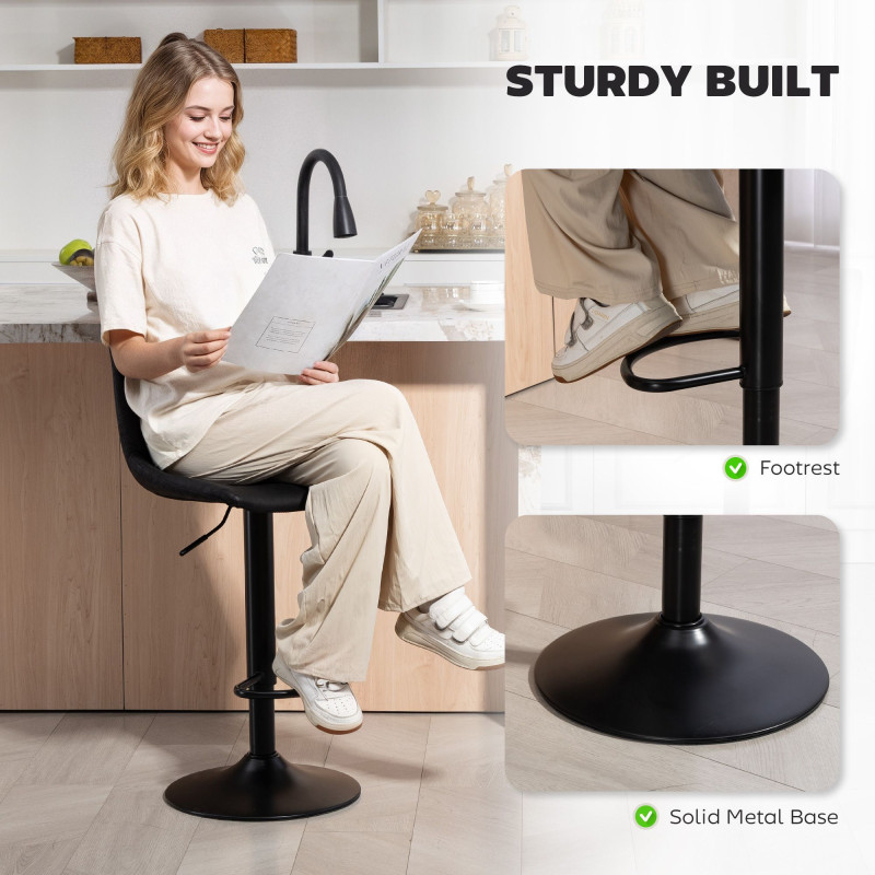 Counter Height Bar Stools Set of 2, Adjustable Height Bar Chairs with Swivel Seat, Leathaire Upholstery, Black