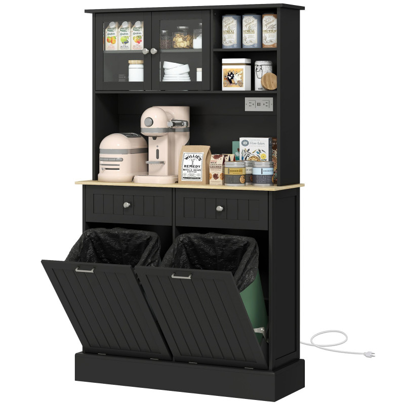 Kitchen Cabinet with Charging Station, 2 Tilt Out Cabinets, Microwave Stand, Freestanding Kitchen Pantry Cabinet, Black