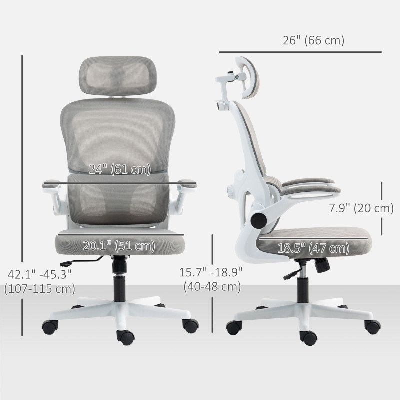 Mesh Office Chair, Ergonomic Desk Chair with Flip-up Armrest, Rotatable Headrest, Adjustable Lumbar Support, Grey