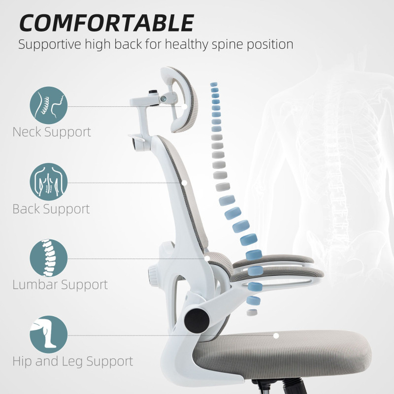 Mesh Office Chair, Ergonomic Desk Chair with Flip-up Armrest, Rotatable Headrest, Adjustable Lumbar Support, Grey