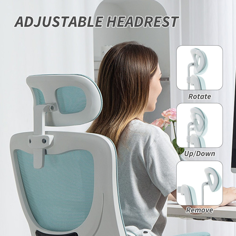 High Back Office Chair, Mesh Computer Chair with Rotatable Headrest, Lumbar Back Support, Adjustable Height, Light Blue