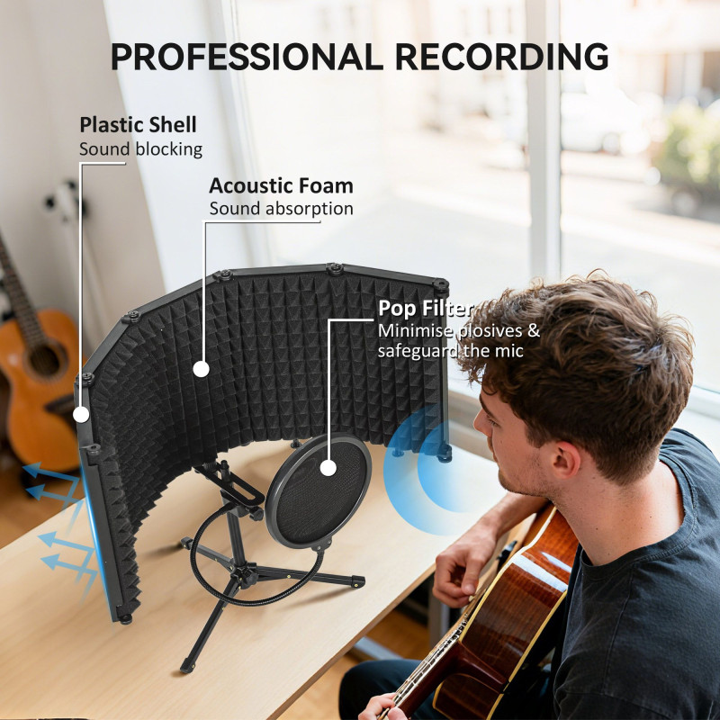 Foldable Studio Recording Microphone Isolation Shield with Pop Filter, Stand, 3/8