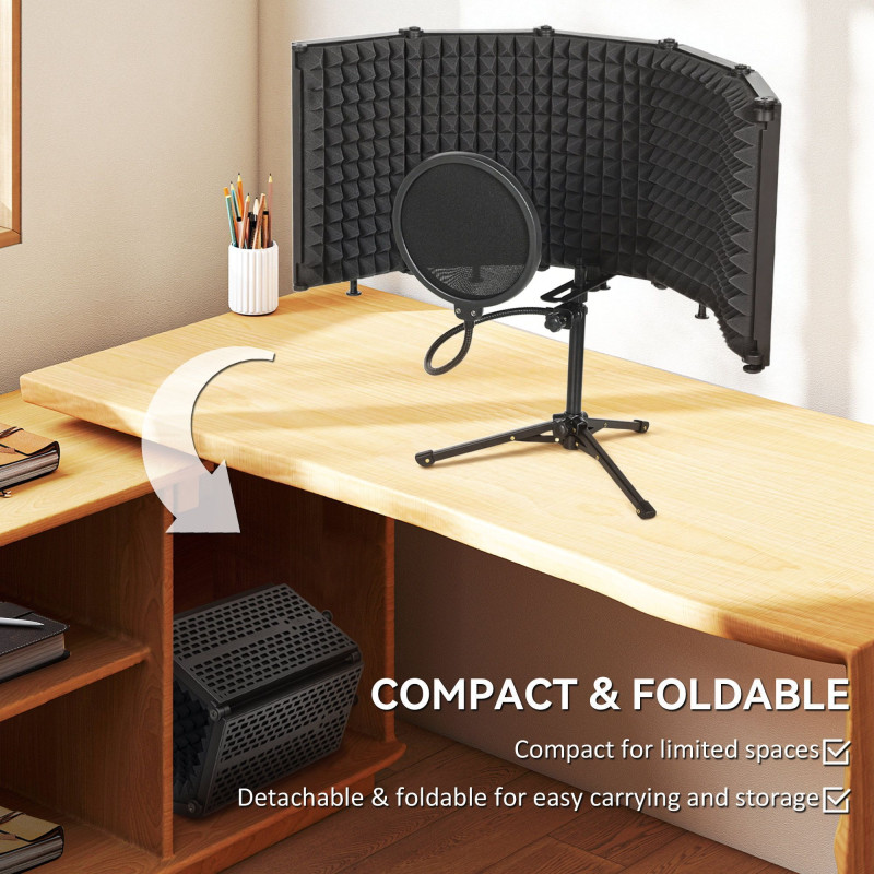 Foldable Studio Recording Microphone Isolation Shield with Pop Filter, Stand, 3/8
