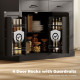 7 Gallon Tilt Out Garbage Cabinet, Kitchen Island with Charging Station, 2 Drawers, 4 Door Racks, Black