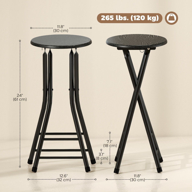 Set of 4 Foldable Barstools, Counter Height Bar Stools with Footrest and Steel Legs for Kitchen Island, Black