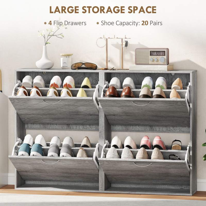 Shoe Storage Cabinet with 4 Flip Drawers, Narrow and Slim, 20 Pair of Shoes Organizer for Hallway, Entryway, Grey