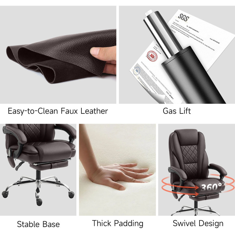 Massage Office Chair, Reclining Computer Chair with Adjustable Height and Footrest, Dark Brown