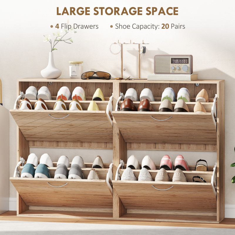 Shoe Storage Cabinet with 4 Flip Drawers, Narrow and Slim, 20 Pair of Shoes Organizer for Hallway, Entryway, Oak