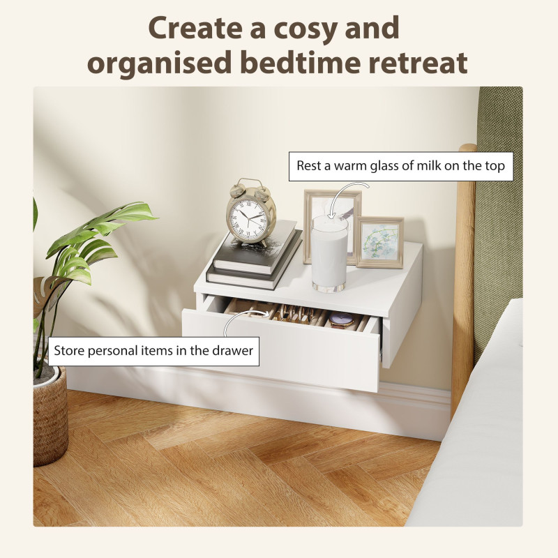 Set of 2 Wall Mounted Bedside Tables, High Gloss Floating Nightstands with Drawer for Bedroom, White