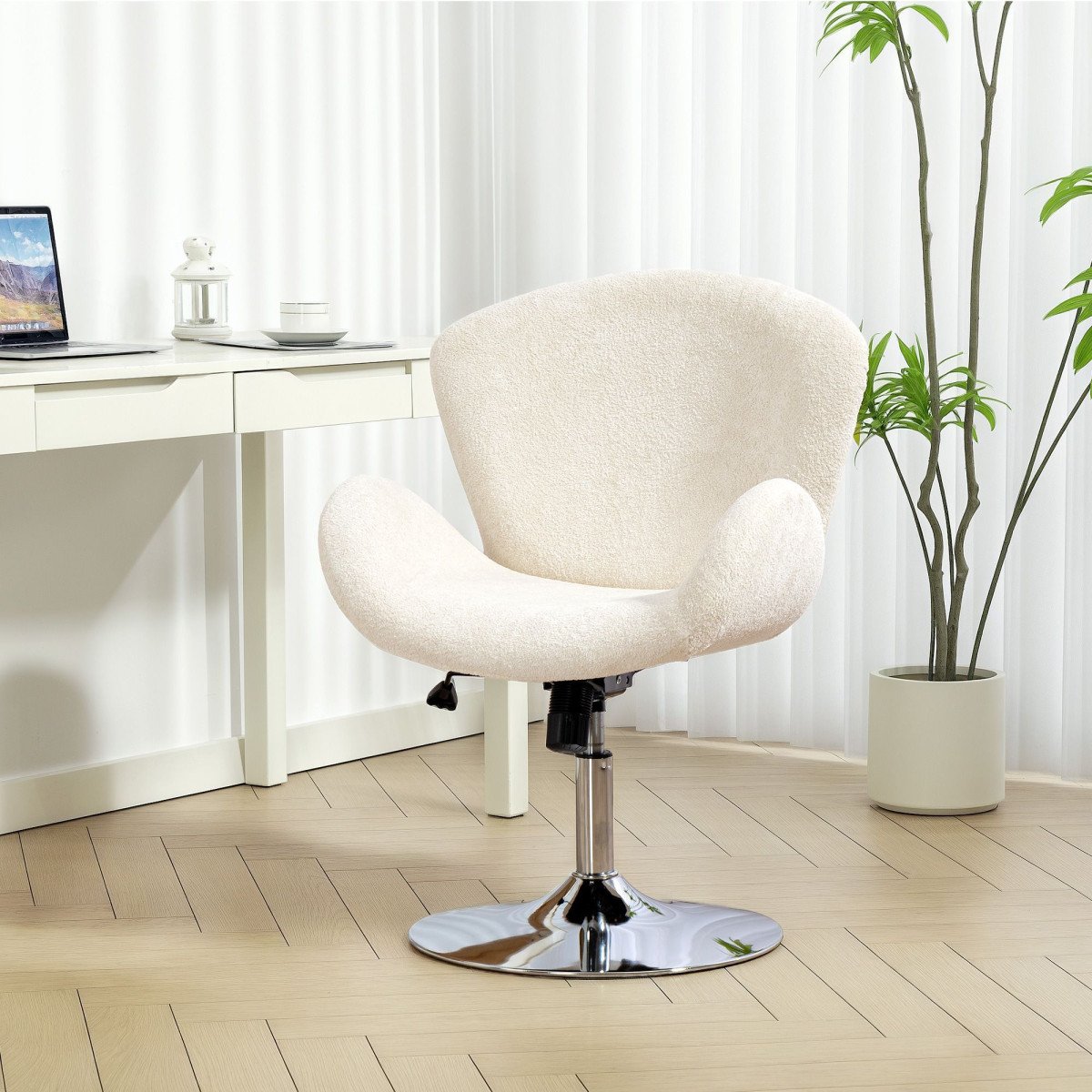 Swivel Office Chair, Velvet Desk Chair with Wide Bucket Seat, Butterfly Back, Tilt Function and Round Base, Cream White