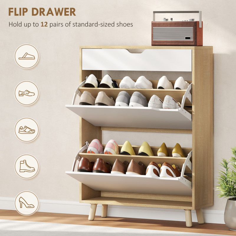 Narrow Shoe Cabinet for Entryway with 2 Flip Drawers, Top Drawer and Adjustable Shelves for 12 Pairs of Shoes, White