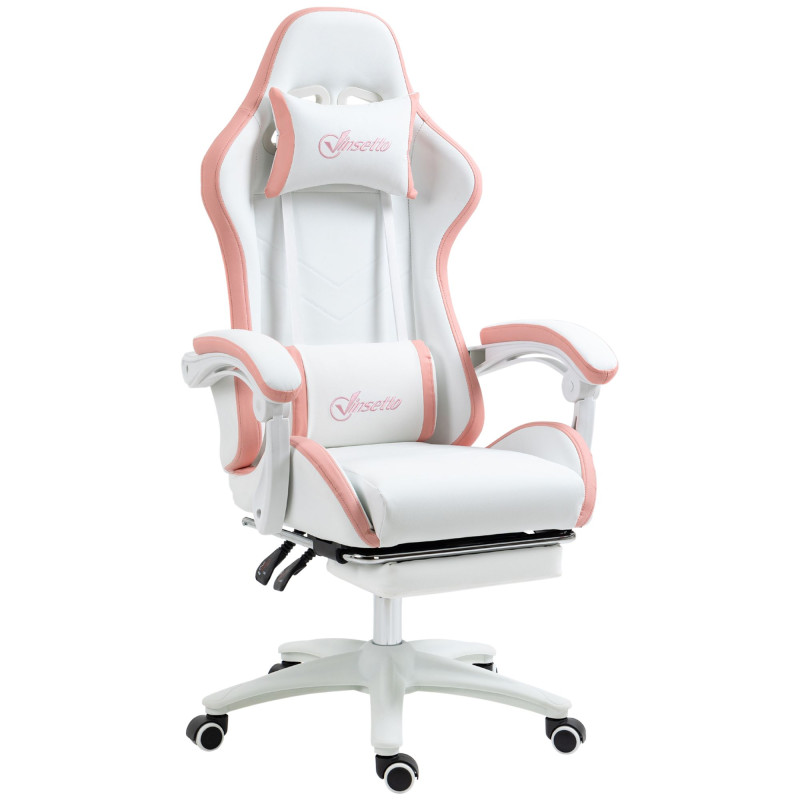 Computer Gaming Chair, PU Leather Office Desk Chair with Footrest, Swivel Wheels, 135° Reclining Back, White