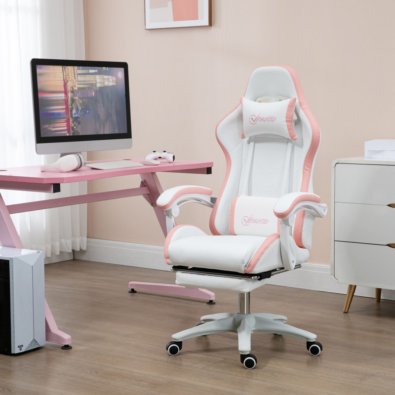 Computer Gaming Chair, PU Leather Office Desk Chair with Footrest, Swivel Wheels, 135° Reclining Back, White